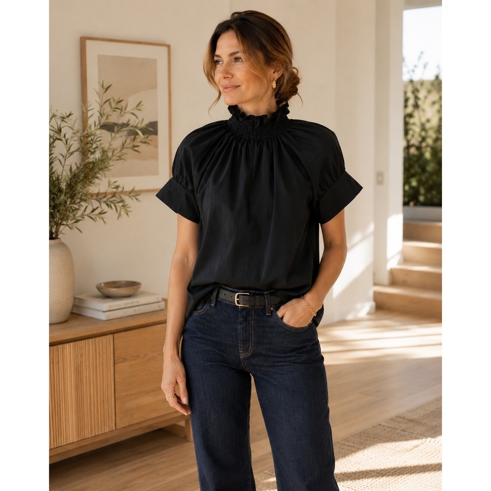 Monica Nera Franka Cotton Blouse Black Smocked Ruffle Neck Puff Sleeve M